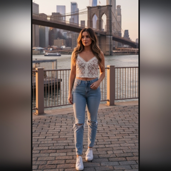 Tiger Mist Tops - Tiger Mist Lace Crop Top in Cream and White